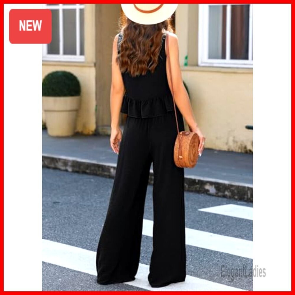 Polyester Wide Leg Pant Set with Elastic Waist, Sleeveless Top, XXL - Picture 4 of 7